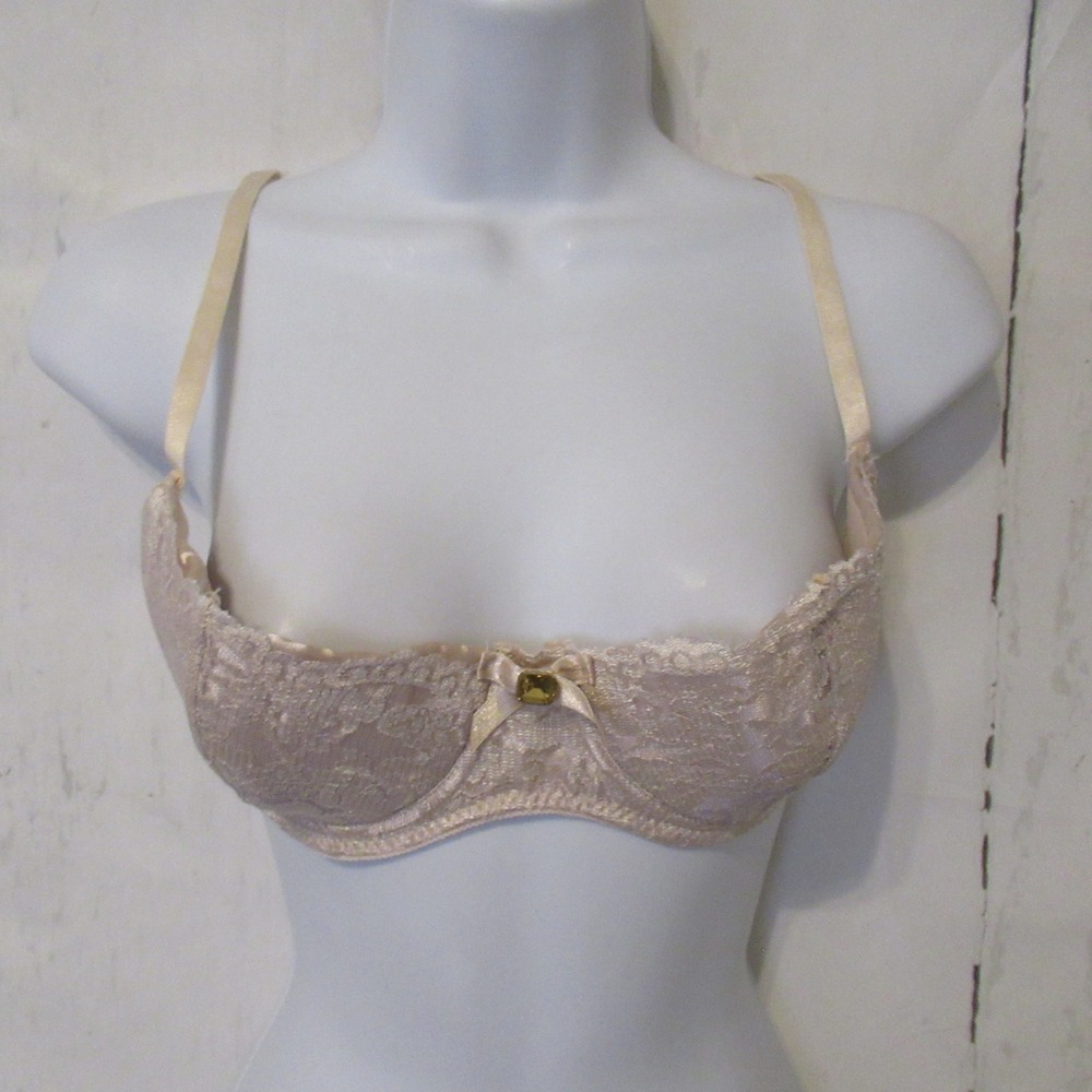 Y2K Fredericks of Hollywood Bra M Tan Lace Half Cup Underwire Back Closure